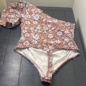 FP Movement by Free People Floral Asymmetrical One Piece - Brown and White